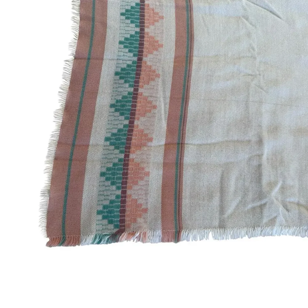 Tablecloth Napkin Set 84”x57” Aztec Striped Peach Aqua Mid Century Fringe